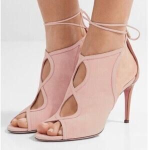 Aquazzura EUC Pink Suede Nomad Cut Out 3.5" Heel Ankle Tie Shoe 7 US 37 EU